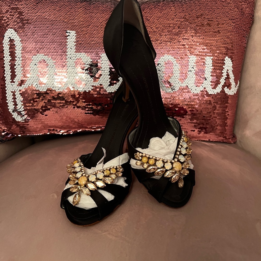 Black satin Giuseppe Zanotti peep-toe d'Orsay embellished pumps